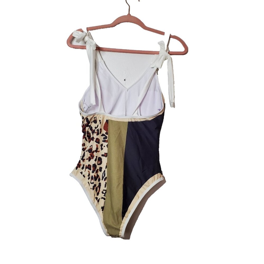 Swimsuit Womens Sz M Green Tan Animal Print  One Piece Tie at Shoulder Bows - Picture 5 of 11